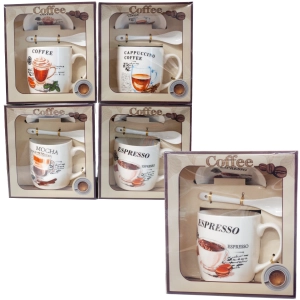 Elegancki Kubek "CAFFEE" ze Spodkiem i Łyżeczką w Pudełku 300ml (Mix) | Zabawne Wydry Tychy