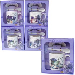 Elegancki Kubek "LAVENDER" ze Spodkiem i Łyżeczką w Pudełku 300ml (Mix) | Zabawne Wydry Tychy