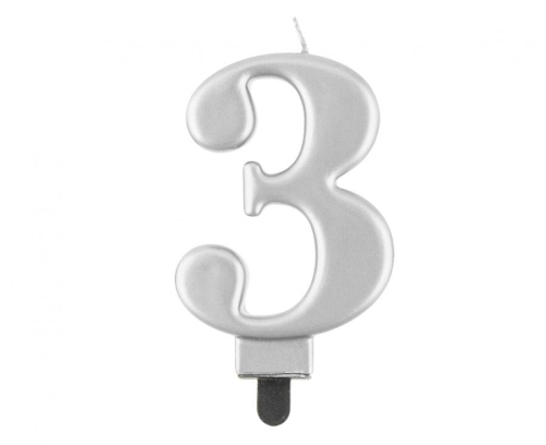 Świeczka urodzinowa cyfra 3 w kolorze srebrnym metalik, idealna na jubileusze i rocznice. Doskonała dekoracja tortu na każde przyjęcie. Sprawdź w Zabawnych Wydrach w Tychach.