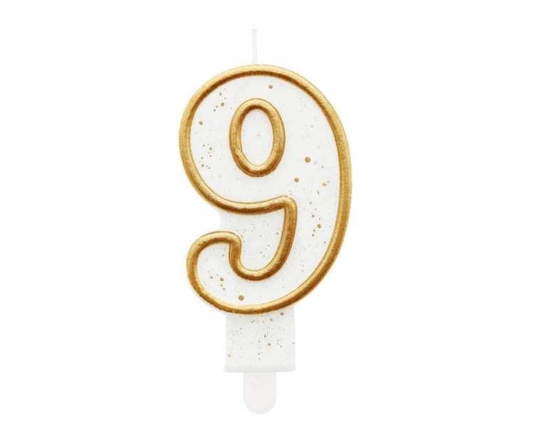 Świeczka okolicznościowa Cyferka 9 biała złoty kontur - Zabawne Wydry Tychy