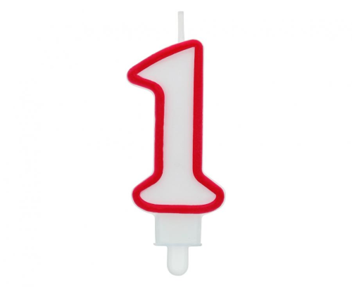 Świeczka urodzinowa cyfra 1 biała z czerwonym konturem, idealna na jubileusze i rocznice. Doskonała dekoracja tortu na każde przyjęcie. Sprawdź w Zabawnych Wydrach w Tychach.