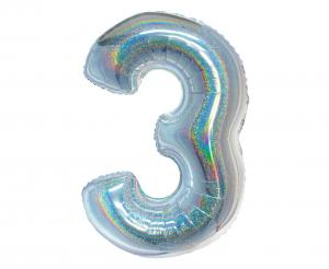 Balon foliowy cyfra 3 holograficzny srebrny 76 cm - dekoracja urodzinowa od Zabawne Wydry Tychy, Katowice, Śląsk